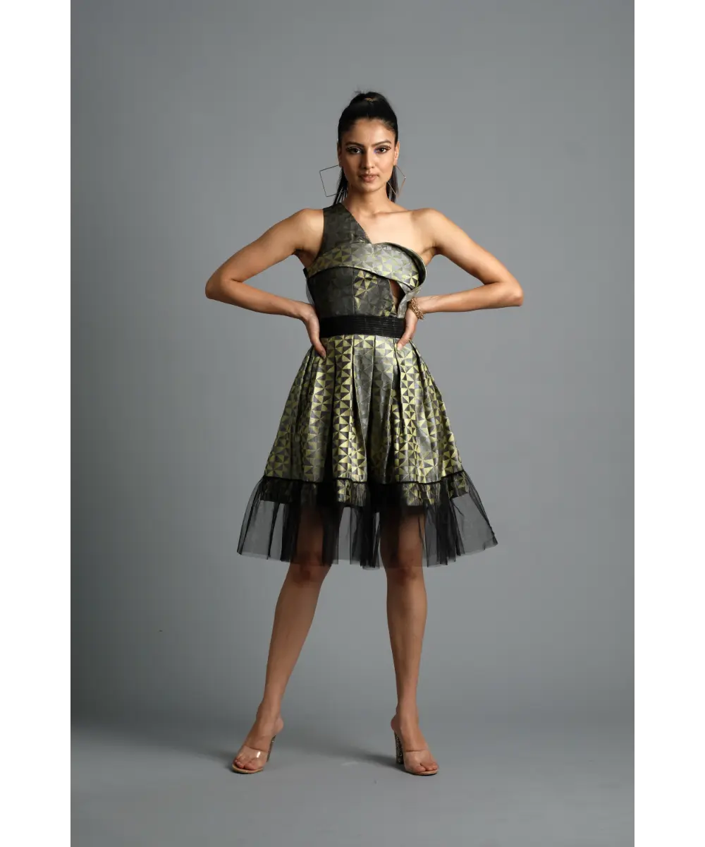 AASTHA SOOD - Steal grey Geometric Brocade Dress